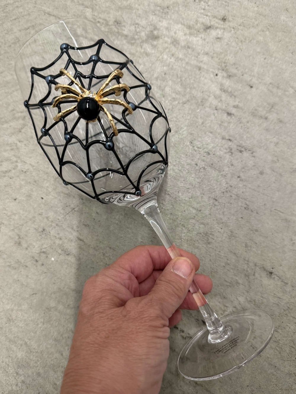 Handmade Rhinestone Spider w/ Hand painted Web Large Wine Glass. Halloween